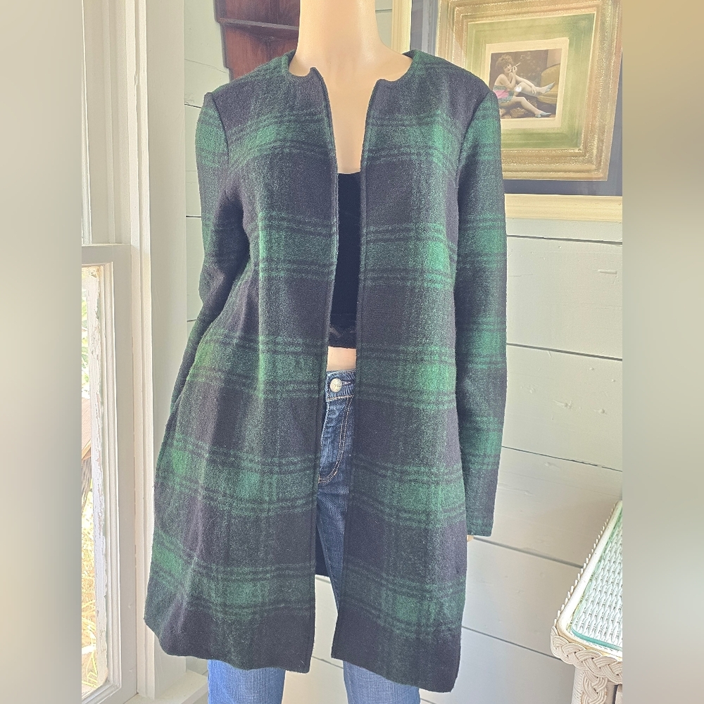 Max Studio Women's Plaid Wool Blend Open Front Green Tartan Coat W/pockets Sz M